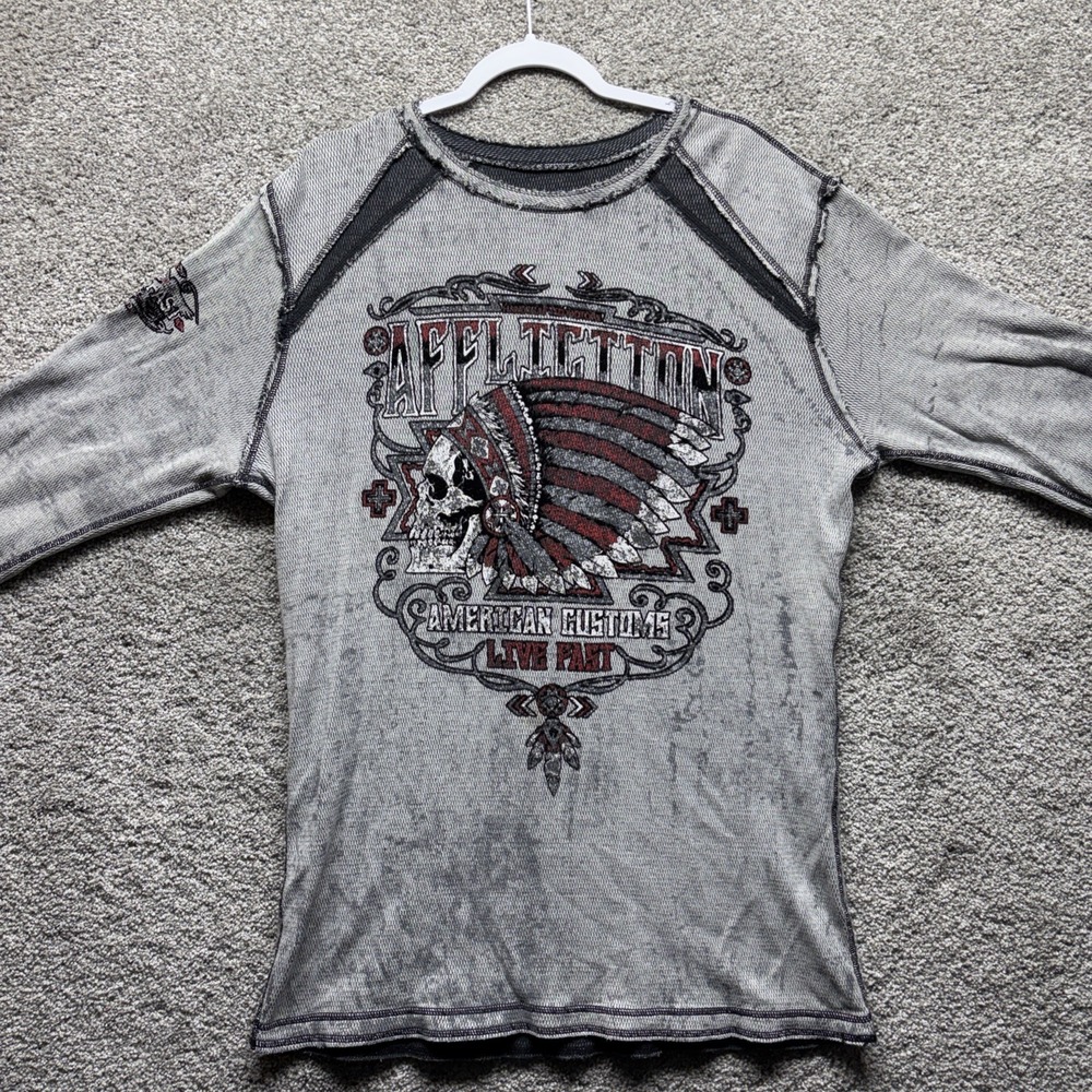 Vintage Y2K Affliction Thermal Longsleeve Shirt Wings Skulls XL‎ Reversible RARE